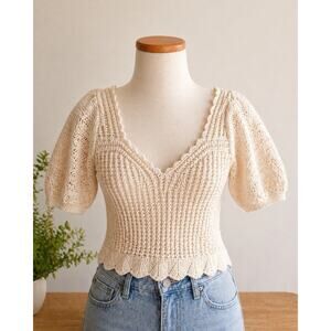 Another Love Knit Top M Cream Puff Sleeve Cottagecore Boho Sweater